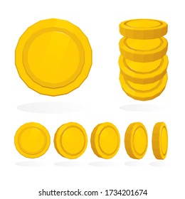 Golden coins in different positions. Set of golden coins in rotation. Vector illustration isolated on white background. Part of set. 