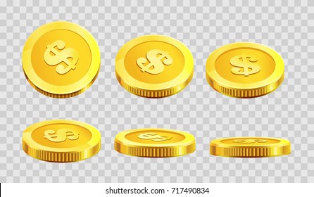 Golden coins dollar cent in different angle icons on vector transparent background