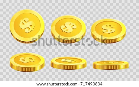 Golden coins dollar cent in different angle icons on vector transparent background