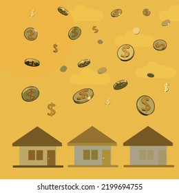 Golden coins dollar fell from the sky down to village. Real estate investment  concept by 3D render and Vector Illustration eps10.