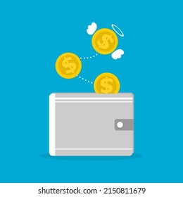 Golden coins dollar are flying out of the gray wallet on blue background flat vector icon design.