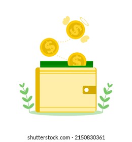 Golden coins dollar are flying out of the yellow wallet with green banknote and leaves on white background flat vector icon design.