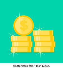 golden coins with dollar sign on green background. saving money, income growth, success in financial investment symbols. vector illustration