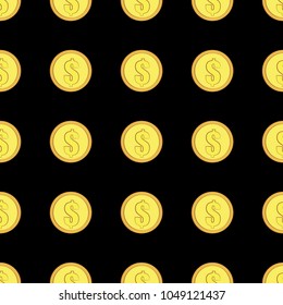 Golden coins with dollar sign seamless pattern. Money icons on black background