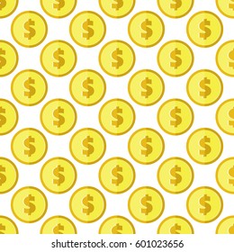 Golden coins with dollar sign seamless pattern. Wrapping background with repeating USA currency symbols. Money icons on white. Vector eps8 illustration.