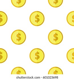 Golden coins with dollar sign seamless pattern. Wrapping background with repeating USA currency symbols. Money icons on white. Vector eps8 illustration.