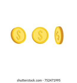 Golden coins with dollar symbol in different positions, flat design vector illustration.