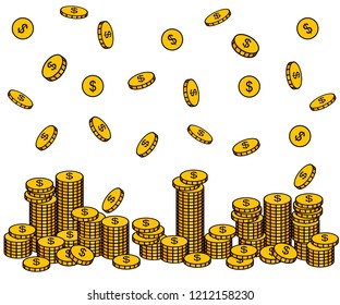 Golden coins with dollar symbol. Stack of coin and coin rain. Line design. Flat vector illustratin on white background.