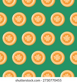 Las monedas de oro en relieve con tréboles crean un patrón rico y afortunado. Ideal para papel de regalo festivo o fondos del Día de San Patricio.
