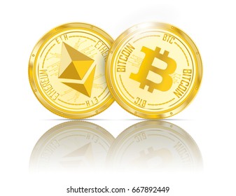 Golden coins ethereum and bitcoin with shadows on the white background. 