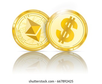 Golden coins ethereum and dollar with shadows on the white background. 