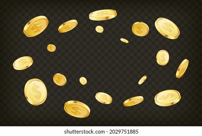 Golden coins explosion. Casino jackpot or win concept. Gold coins on transparent isolated background. Applicable for gaming, gambling fortune, jackpot illustration. Vector illustration