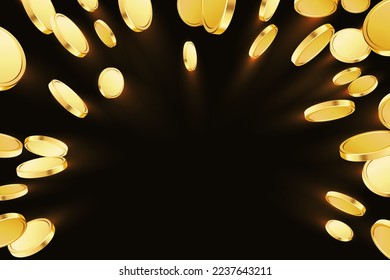 Golden coins explosion. Casino jackpot or win concept. Gold coins on black background. Applicable for gaming, gambling fortune, jackpot illustration. Vector illustration