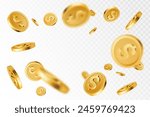 Golden coins explosion. Realistic flying gold coin splash, money rain with blurry motion effect. Treasure and earnings, saving and winning, jackpot casino 3D vector concept. Yellow dollar payment