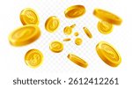 Golden coins explosion. Realistic flying gold coin splash, money rain with blurry motion effect. Treasure and earnings, saving and winning, jackpot casino 3D vector concept. Vector Illustration.