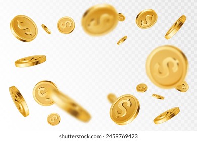 Explosión de monedas de oro. Salpicadura de moneda de oro voladora realista, lluvia de dinero con efecto de movimiento borroso. Tesoro y ganancias, ahorrar y ganar, concepto de Vector 3D de jackpot casino. Pago en dólares amarillos