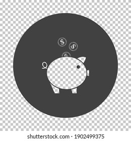 Golden Coins Fall In Piggy Bank Icon. Subtract Stencil Design on Tranparency Grid. Vector Illustration.