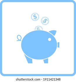 Golden Coins Fall In Piggy Bank Icon. Blue Frame Design. Vector Illustration.