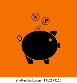 Golden Coins Fall In Piggy Bank Icon. Black on Orange Background. Vector Illustration.