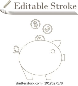 Golden Coins Fall In Piggy Bank Icon. Editable Stroke Simple Design. Vector Illustration.