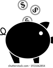 Golden Coins Fall In Piggy Bank Icon. Black Stencil Design. Vector Illustration.