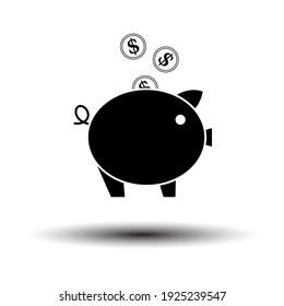 Golden Coins Fall In Piggy Bank Icon. Black on White Background With Shadow. Vector Illustration.