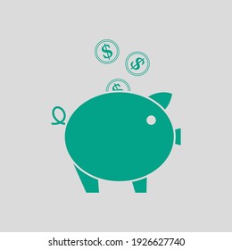 Golden Coins Fall In Piggy Bank Icon. Green on Gray Background. Vector Illustration.