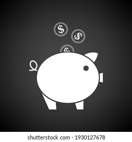 Golden Coins Fall In Piggy Bank Icon. White on Black Background. Vector Illustration.