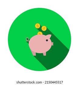 Golden Coins Fall In Piggy Bank Icon. Flat Circle Stencil Design With Long Shadow. Vector Illustration.