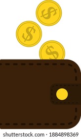 Golden Coins Fall In Purse Icon. Flat Color Design. Vector Illustration.