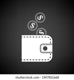 Golden Coins Fall In Purse Icon. White on Black Background. Vector Illustration.