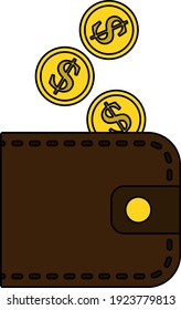 Golden Coins Fall In Purse Icon. Editable Outline With Color Fill Design. Vector Illustration.