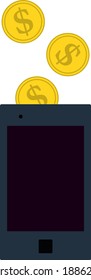 Golden Coins Fall In Smartphone Icon. Flat Color Design. Vector Illustration.