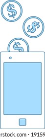 Golden Coins Fall In Smartphone Icon. Thin Line With Blue Fill Design. Vector Illustration.