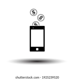 Golden Coins Fall In Smartphone Icon. Black on White Background With Shadow. Vector Illustration.
