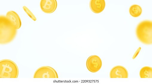 Golden coins falling down. 3d vector banner with copy space