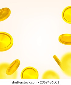 Golden coins falling down. 3d vector frame with copy space