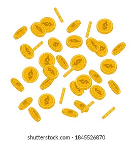 Golden Coins Falling Down, Concept of Money, Jackpot or Lottery Win, Profit or Finance Success. Currency, Gold Dollars, Income or Savings. Luxury Life and Business Wealth. Cartoon Vector Illustration