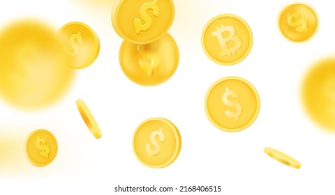 Golden coins falling down vector illustration with blur effect. 3d vector