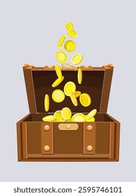 Golden coins falling into open chest, medieval cartoon chest, chest filling with gold, golden coins falling into chest, pirate treasure, gold coins fall from the sky, isolated vector icon.
