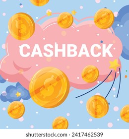 Golden coins falling into a pink piggy bank with CASHBACK text. Savings concept, money return, financial reward vector illustration.