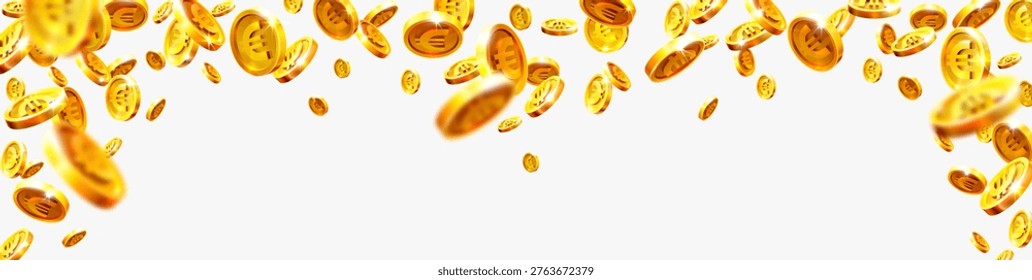 Golden coins falling in mid-air on white background.