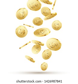 Golden coins falling on white. 3d gold money isolated coins background concept for business.