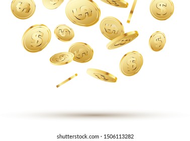 Golden coins falling on white. 3d gold money isolated coins background concept for business.