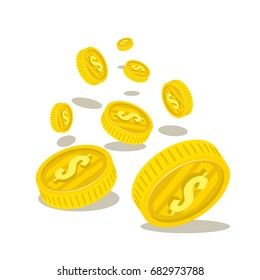 Golden coins falling, rain of money flat vector illustration isolated on white background 