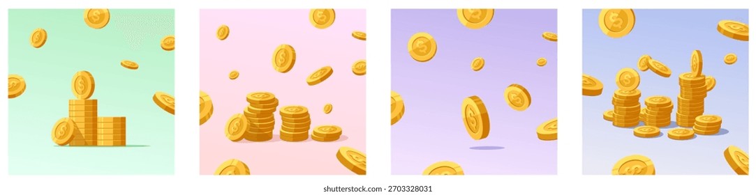 Golden coins falling and stacking on colorful backgrounds