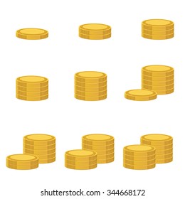 Golden coins flat vector icon set. Stack of coins