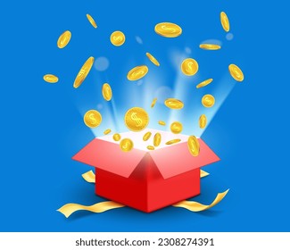 Golden coins fly out of a red gift box with a ribbon. Vector illustration