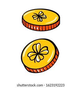 Golden coins with four leaf clover, vector illustration, for St. Patrick's day