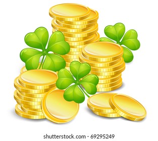 Golden coins with four leaf clover, vector illustration, for St. Patrick's day